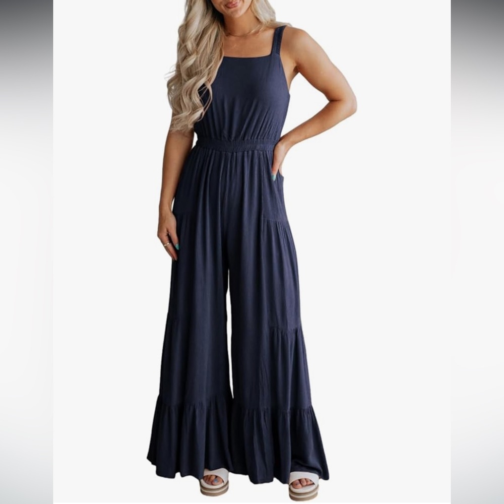Navy Blue Sleeveless Jumpsuit/Overall with Ruffled Wide-Leg Design - Picture 4 of 7